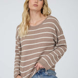 Stripe Textured Raw Edge Long Sleeve Knit Sweater - Mocha