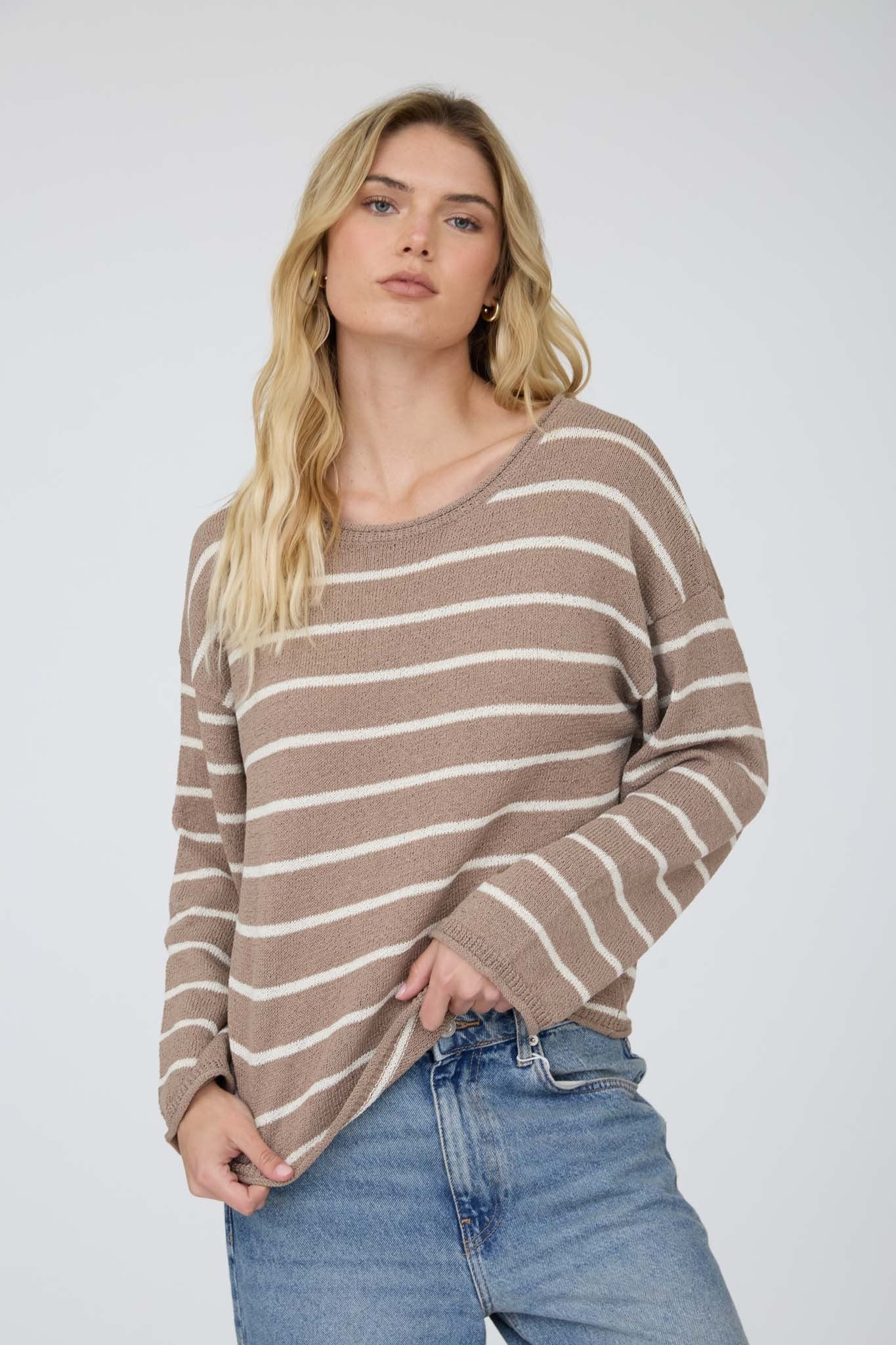 Stripe Textured Raw Edge Long Sleeve Knit Sweater - Mocha