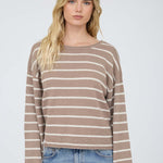 Stripe Textured Raw Edge Long Sleeve Knit Sweater - Mocha