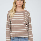 Stripe Textured Raw Edge Long Sleeve Knit Sweater - Mocha