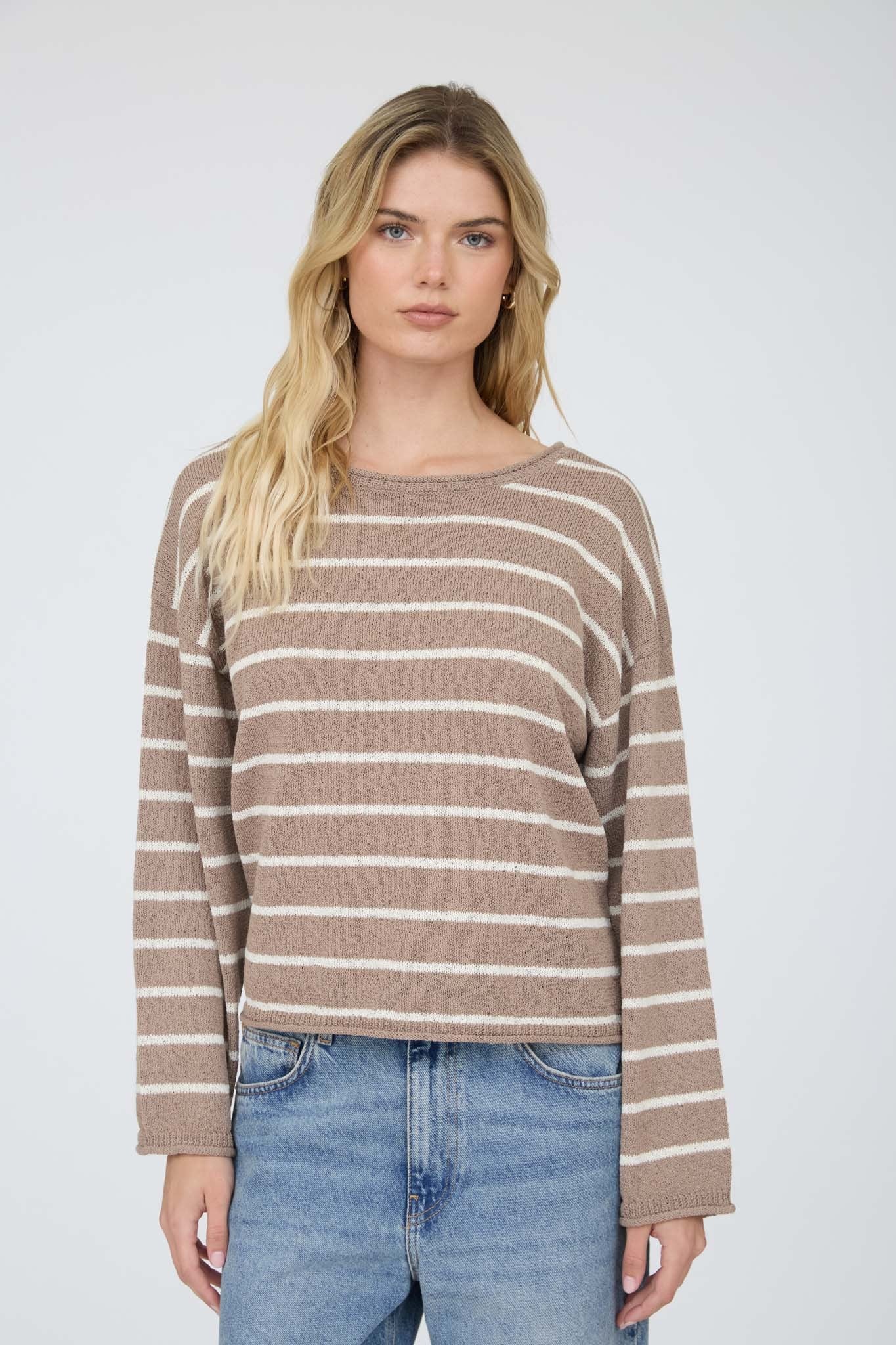 Stripe Textured Raw Edge Long Sleeve Knit Sweater - Mocha