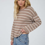 Stripe Textured Raw Edge Long Sleeve Knit Sweater - Mocha