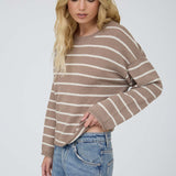 Stripe Textured Raw Edge Long Sleeve Knit Sweater - Mocha