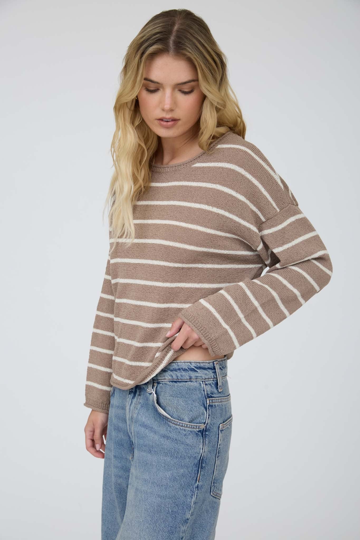 Stripe Textured Raw Edge Long Sleeve Knit Sweater - Mocha
