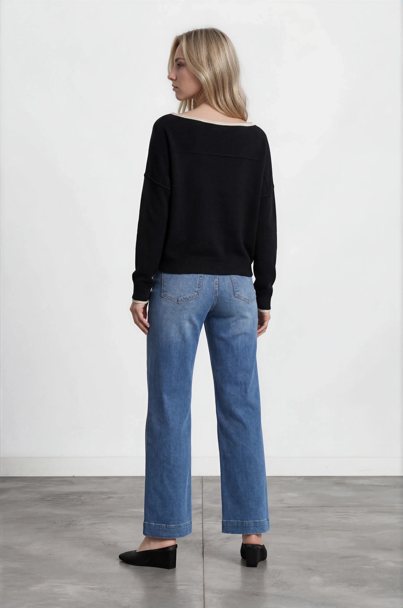 Contrast Trim Off Shoulder Long Sleeve Sweater - Black