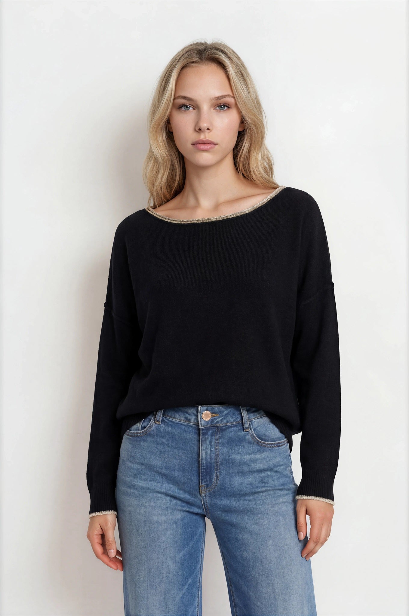 Contrast Trim Off Shoulder Long Sleeve Sweater - Black