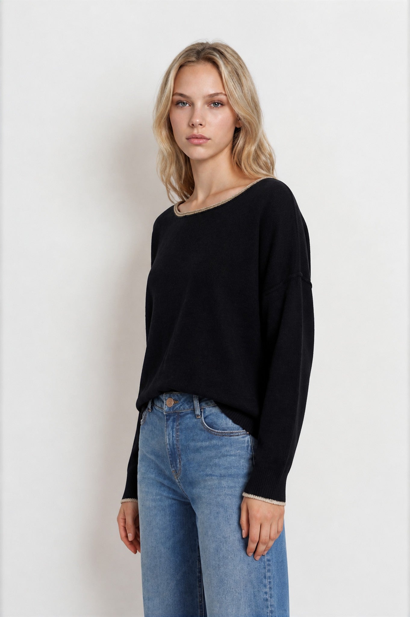Contrast Trim Off Shoulder Long Sleeve Sweater - Black
