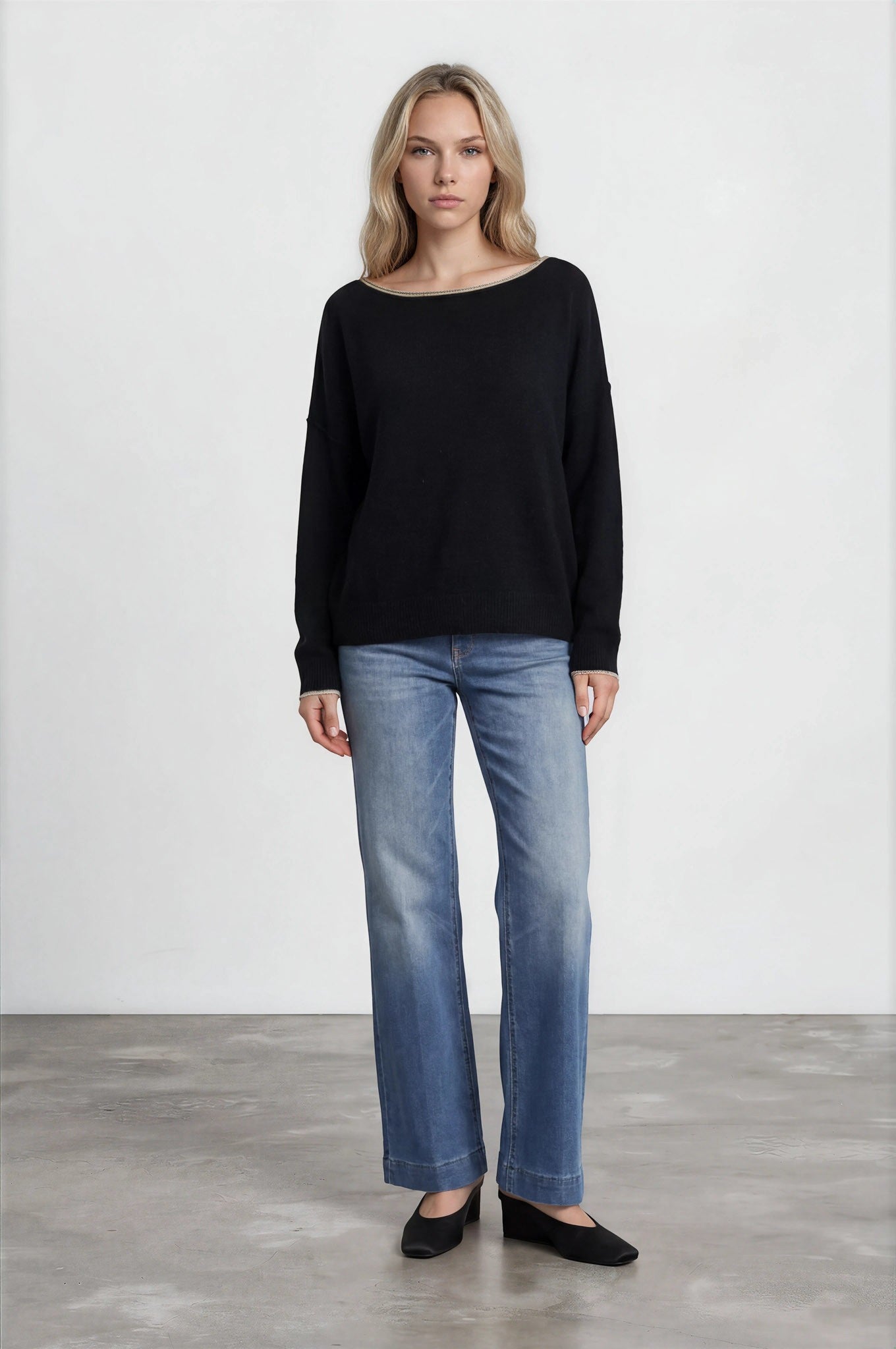 Contrast Trim Off Shoulder Long Sleeve Sweater - Black