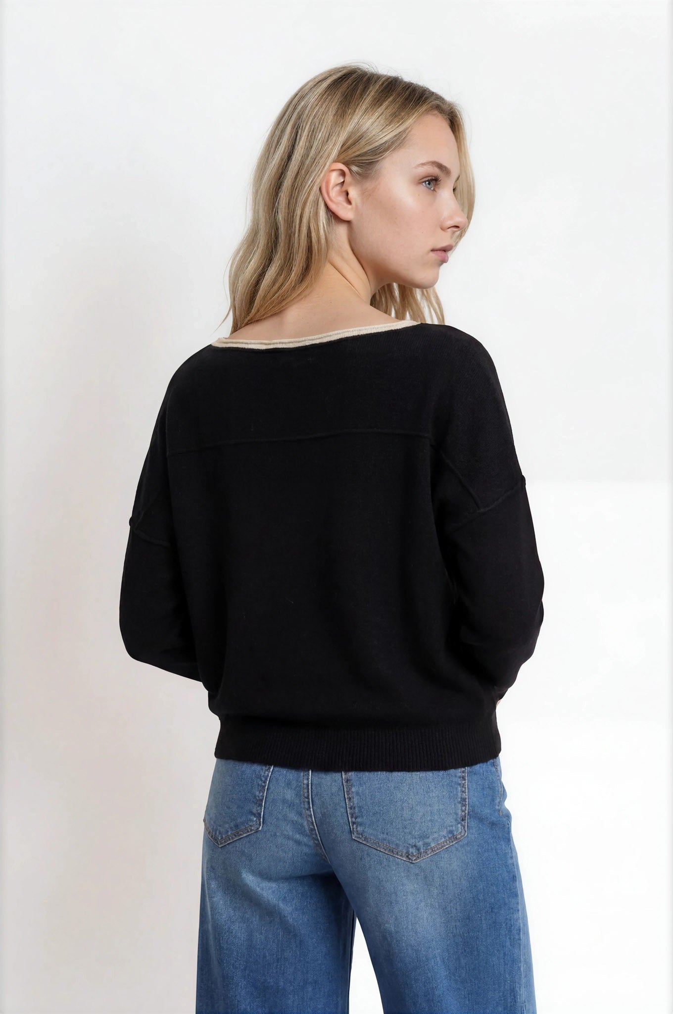 Contrast Trim Off Shoulder Long Sleeve Sweater - Black
