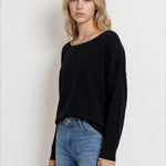 Contrast Trim Off Shoulder Long Sleeve Sweater - Black