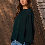 Textured Exposed Seam Long Extended Sleeve Knit Top - Hunter Green