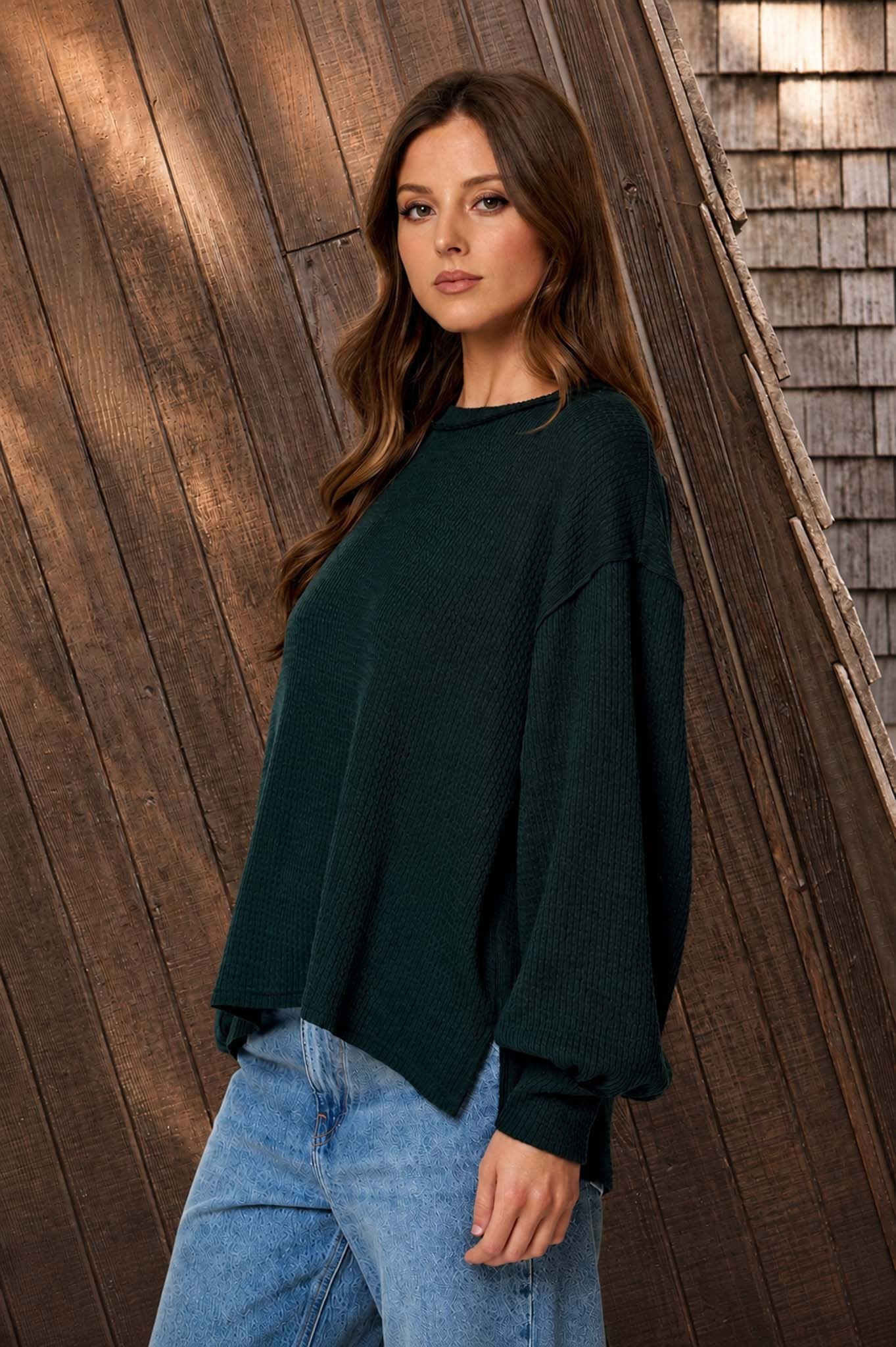 Textured Exposed Seam Long Extended Sleeve Knit Top - Hunter Green