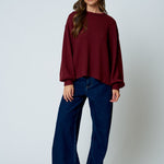 Textured Exposed Seam Long Extended Sleeve Knit Top - Burgundy