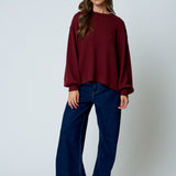 Textured Exposed Seam Long Extended Sleeve Knit Top - Burgundy