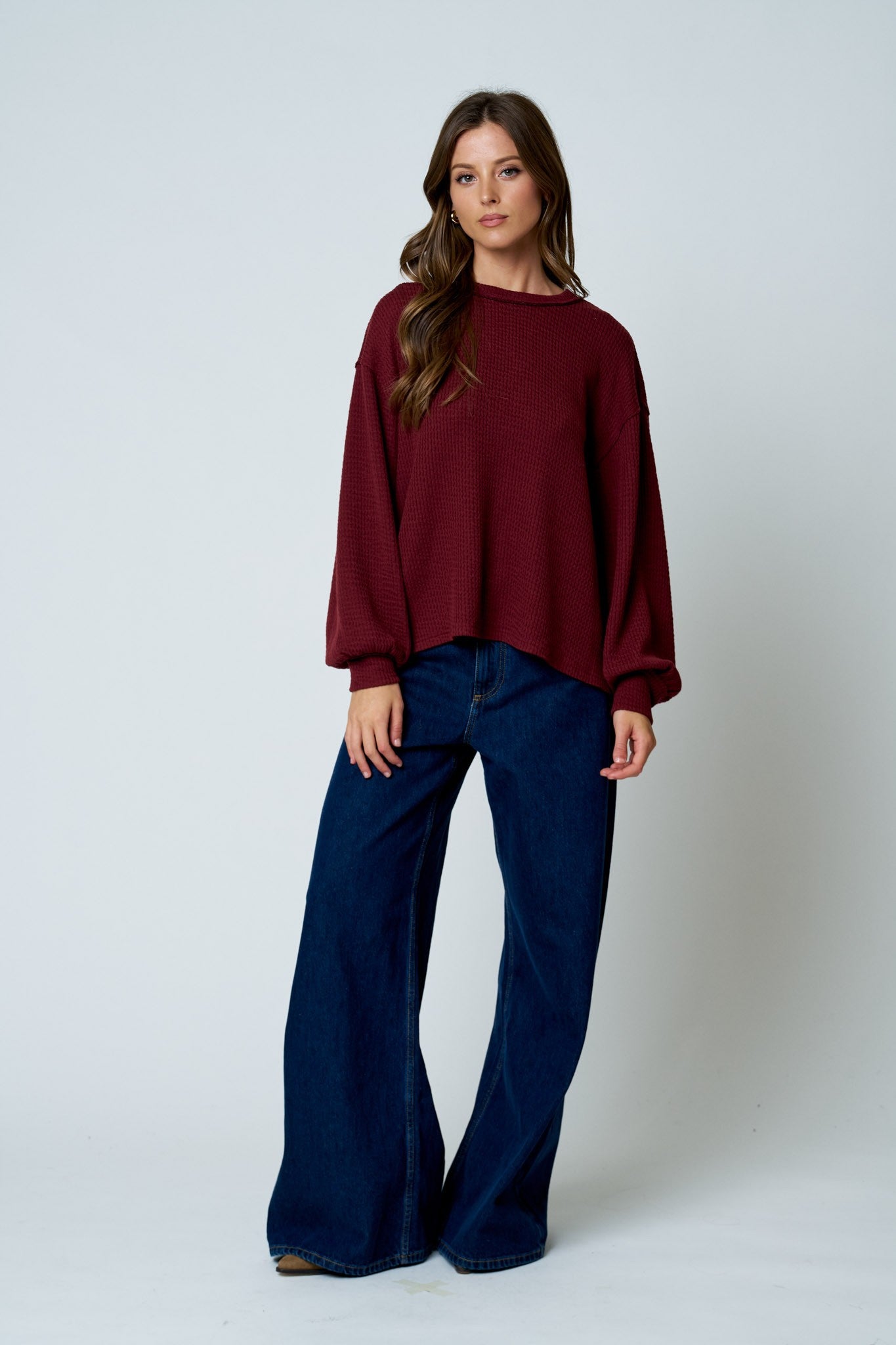 Textured Exposed Seam Long Extended Sleeve Knit Top - Burgundy