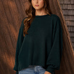 Textured Exposed Seam Long Extended Sleeve Knit Top - Hunter Green