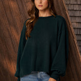 Textured Exposed Seam Long Extended Sleeve Knit Top - Hunter Green