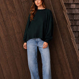 Textured Exposed Seam Long Extended Sleeve Knit Top - Hunter Green