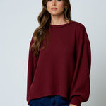 Textured Exposed Seam Long Extended Sleeve Knit Top - Burgundy