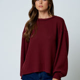 Textured Exposed Seam Long Extended Sleeve Knit Top - Burgundy