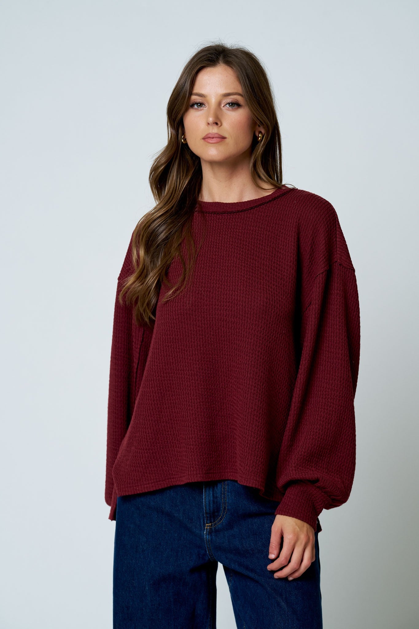 Textured Exposed Seam Long Extended Sleeve Knit Top - Burgundy