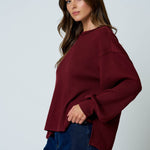Textured Exposed Seam Long Extended Sleeve Knit Top - Burgundy