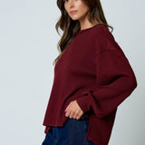 Textured Exposed Seam Long Extended Sleeve Knit Top - Burgundy