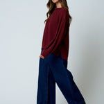 Textured Exposed Seam Long Extended Sleeve Knit Top - Burgundy