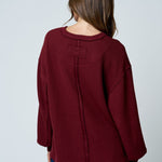 Textured Exposed Seam Long Extended Sleeve Knit Top - Burgundy