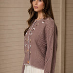 Floral Embroidery Contrast Stitch Knit Cardigan - Taupe