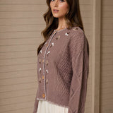 Floral Embroidery Contrast Stitch Knit Cardigan - Taupe