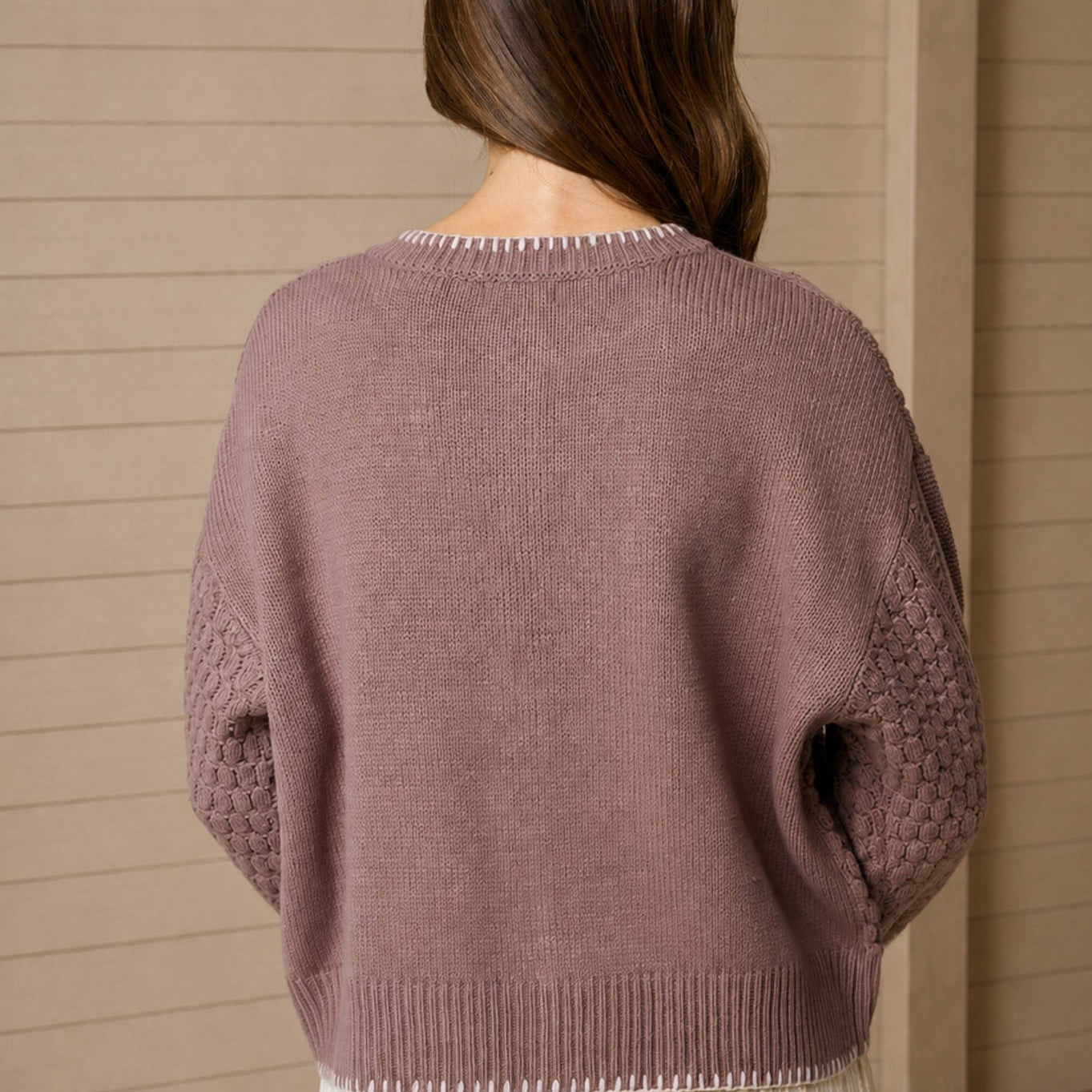 Floral Embroidery Contrast Stitch Knit Cardigan - Taupe