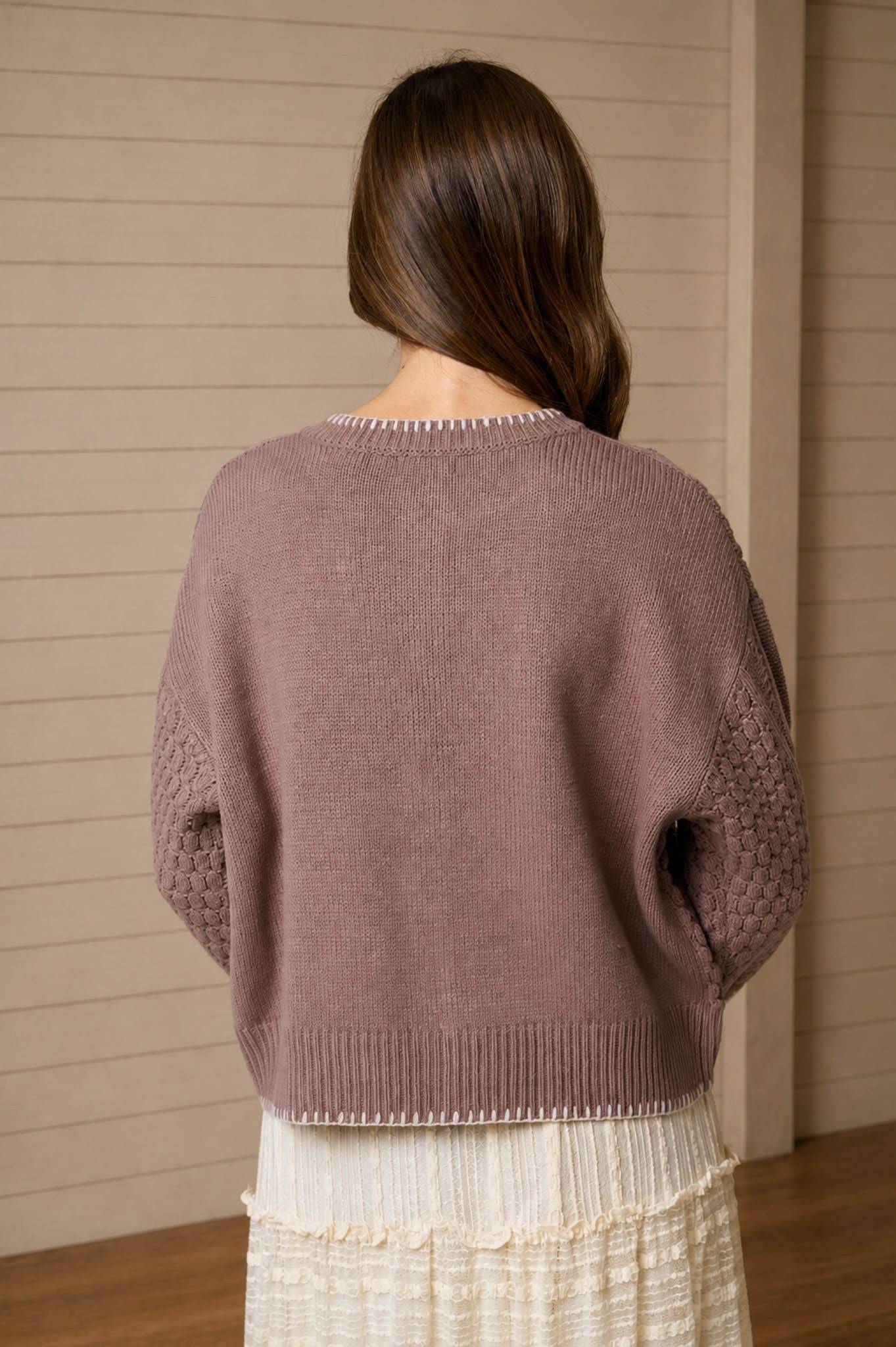 Floral Embroidery Contrast Stitch Knit Cardigan - Taupe