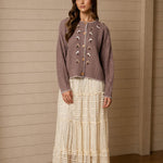Floral Embroidery Contrast Stitch Knit Cardigan - Taupe