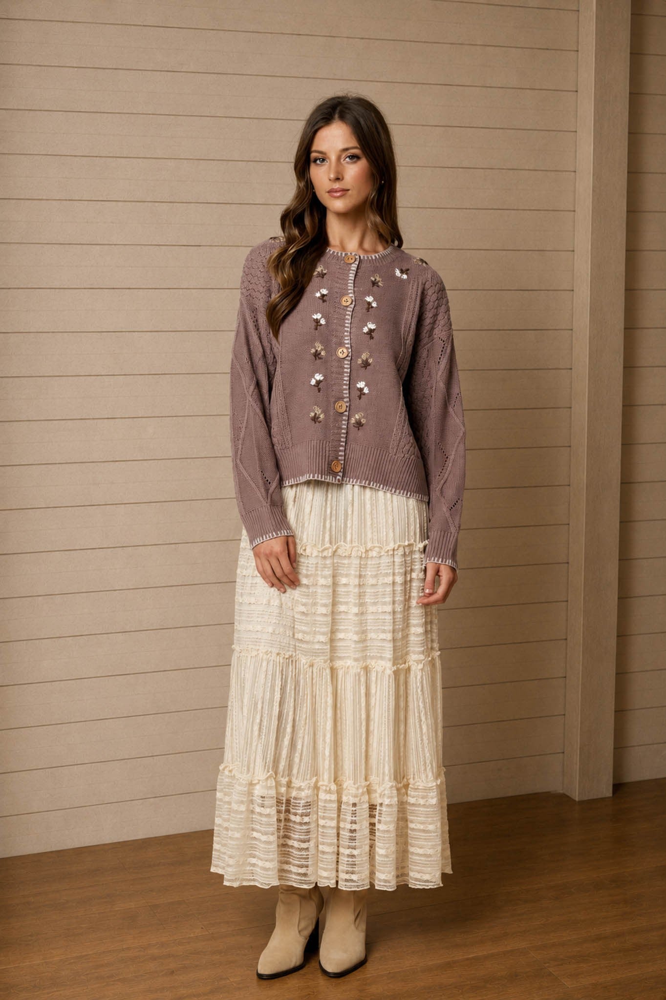 Floral Embroidery Contrast Stitch Knit Cardigan - Taupe