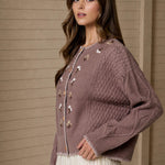 Floral Embroidery Contrast Stitch Knit Cardigan - Taupe