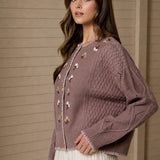 Floral Embroidery Contrast Stitch Knit Cardigan - Taupe