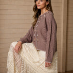 Floral Embroidery Contrast Stitch Knit Cardigan - Taupe