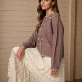 Floral Embroidery Contrast Stitch Knit Cardigan - Taupe