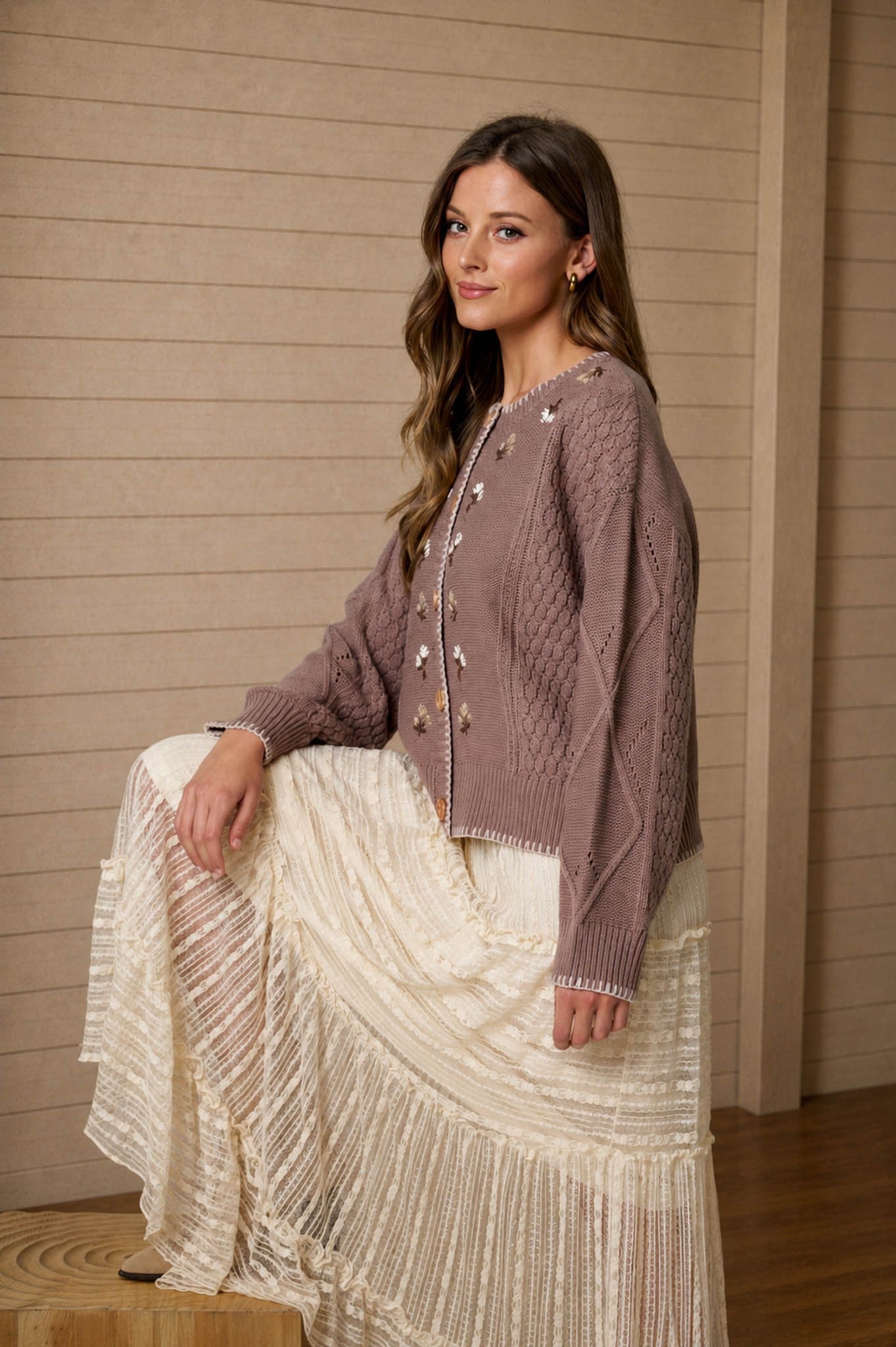 Floral Embroidery Contrast Stitch Knit Cardigan - Taupe