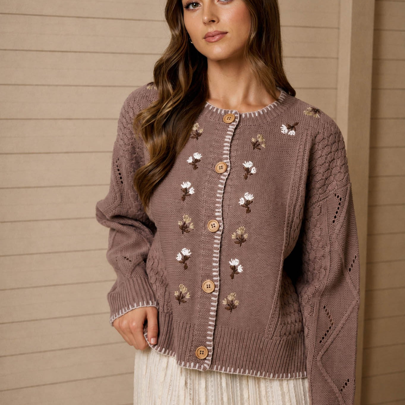 Floral Embroidery Contrast Stitch Knit Cardigan - Taupe