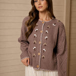 Floral Embroidery Contrast Stitch Knit Cardigan - Taupe