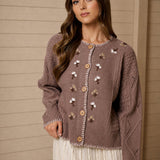 Floral Embroidery Contrast Stitch Knit Cardigan - Taupe