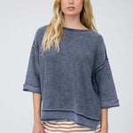 Washed Inverted Seam Short Sleeve Sweatshirt - Navy