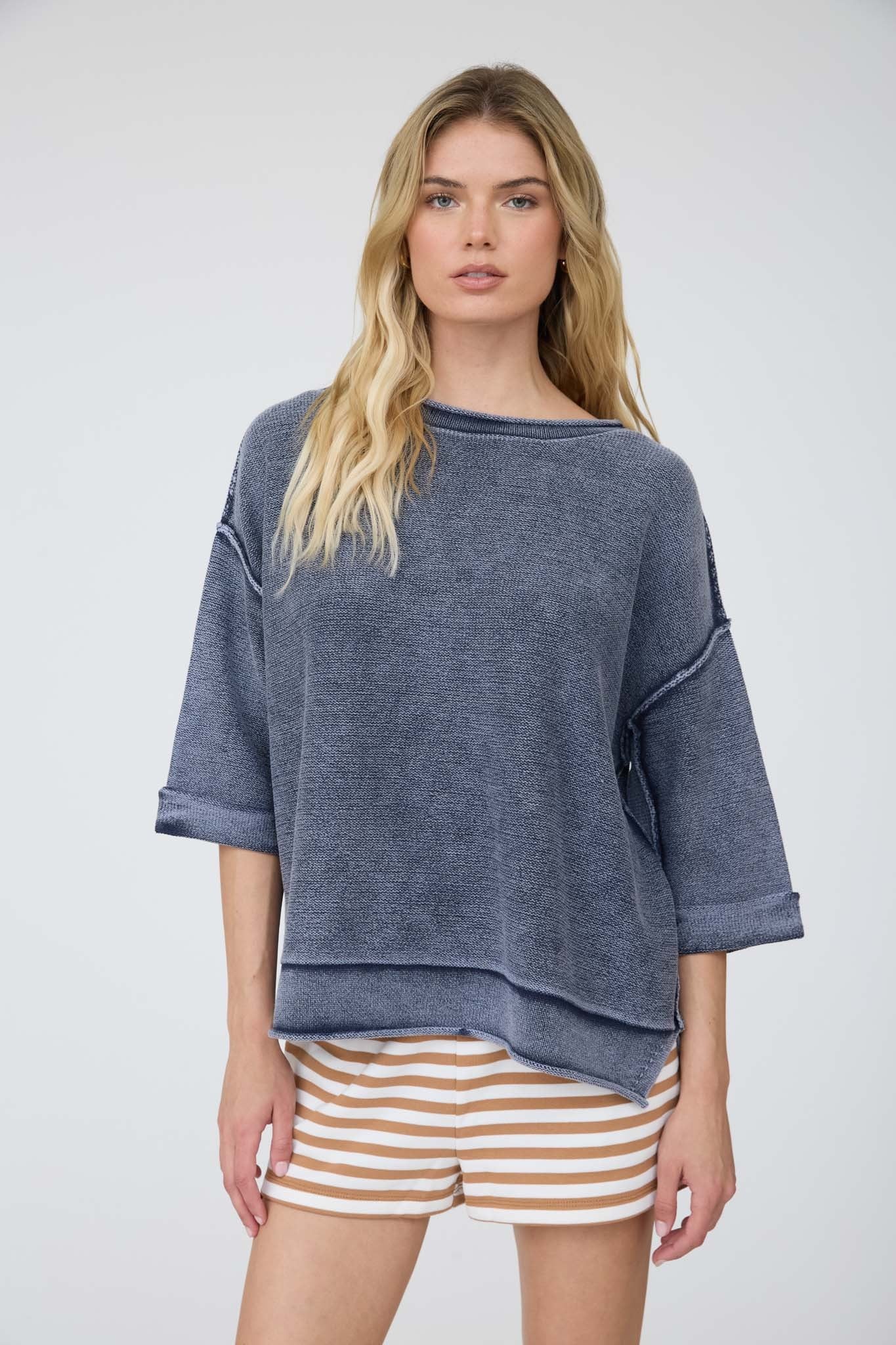 Washed Inverted Seam Short Sleeve Sweatshirt - Navy