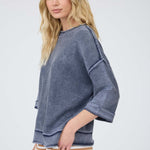 Washed Inverted Seam Short Sleeve Sweatshirt - Navy