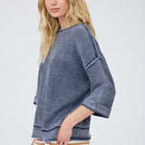 Washed Inverted Seam Short Sleeve Sweatshirt - Navy