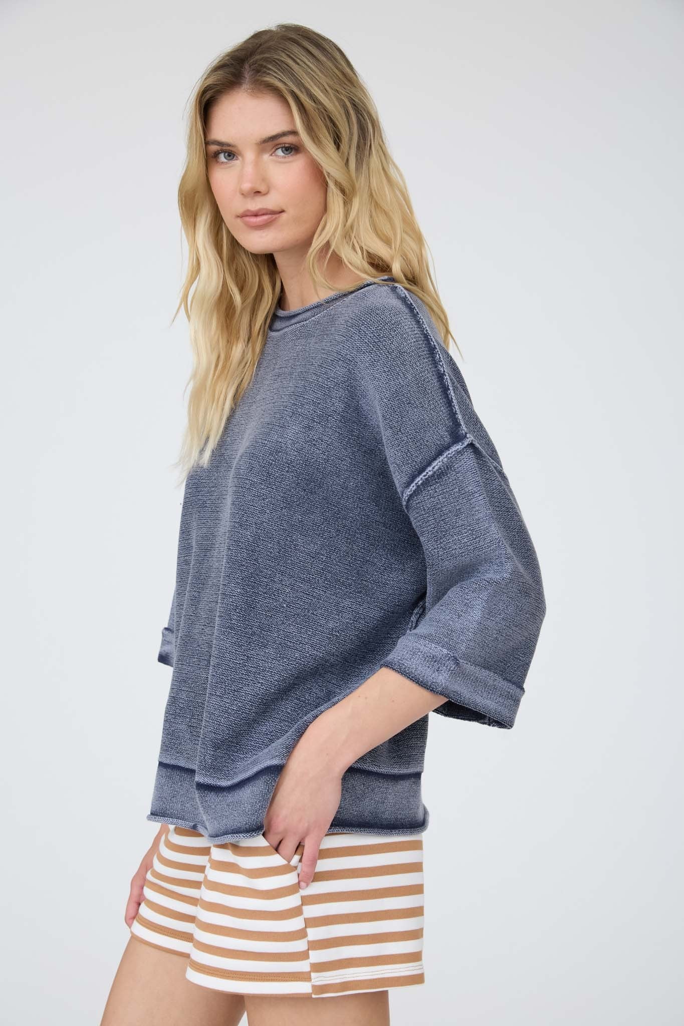 Washed Inverted Seam Short Sleeve Sweatshirt - Navy