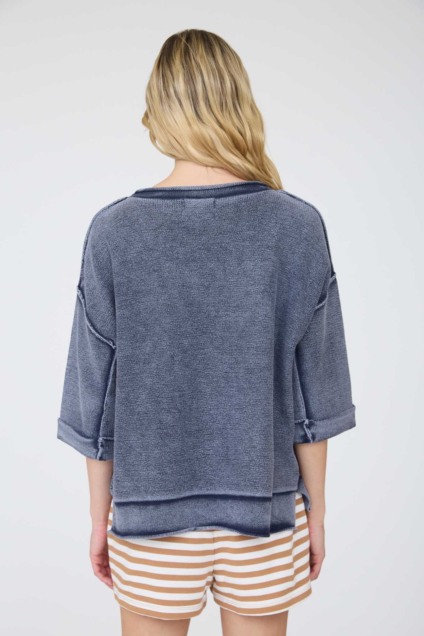 Washed Inverted Seam Short Sleeve Sweatshirt - Navy