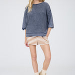 Washed Inverted Seam Short Sleeve Sweatshirt - Navy